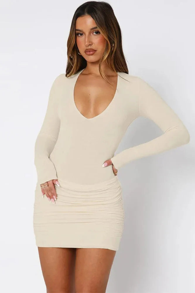 Deep V Neck Long Sleeve High Waist Mini Dress