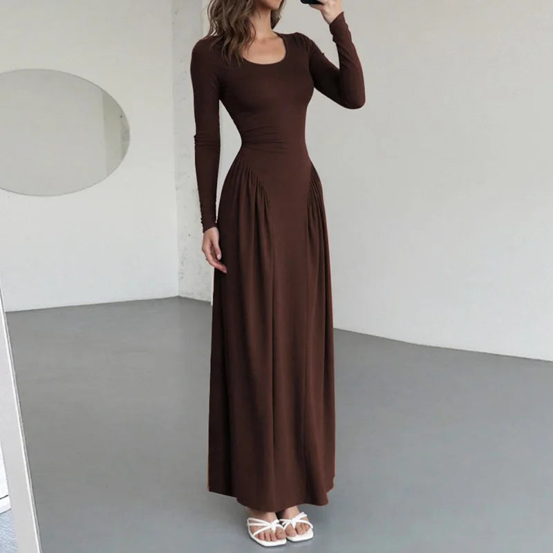 Elegant Square Neck Patchwork Long Sleeve Maxi Dress