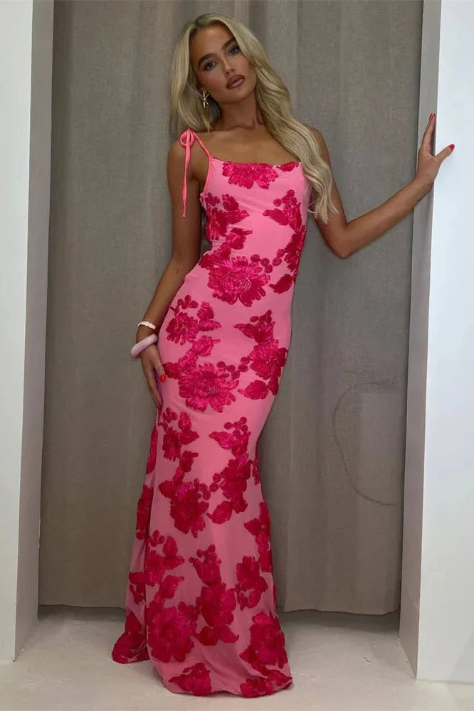 Printed Lace-Up High Waist Patchwork Slim Maxi Dress