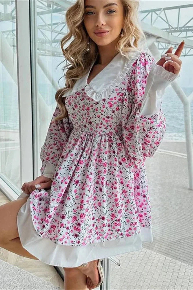 Printed V-Neck Slim Long Sleeve Bodycon Mini Dress