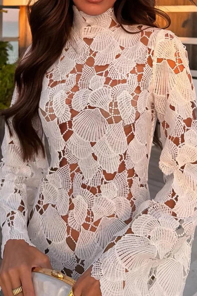 Lace Hollow Out High Waist Turtleneck Long Sleeve Mini Dress