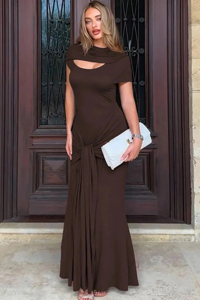 Hollow Out Short Sleeve Turtleneck Bodycon Maxi Dress