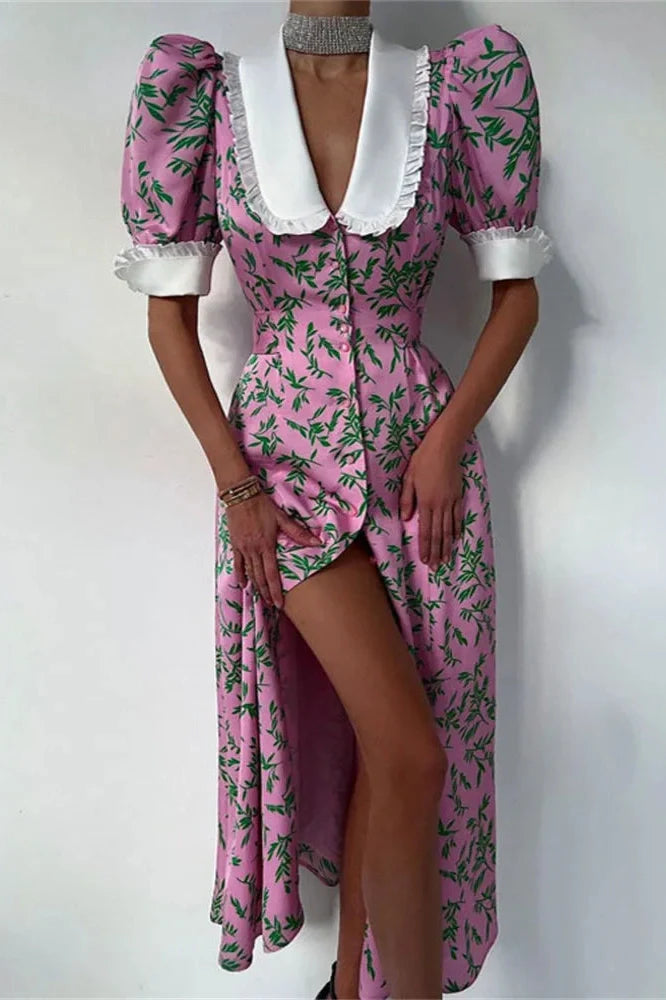 Printed Slim Short Sleeve High Waist Midi Dress