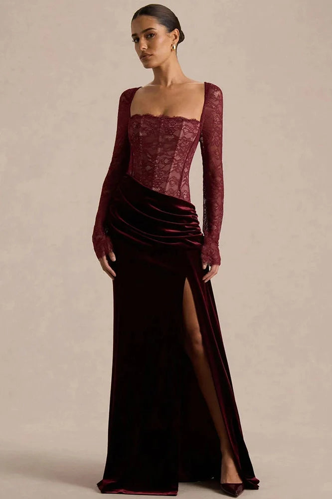 Lace Velvet Square-Neck See Through Long Sleeve Split Maxi Dress