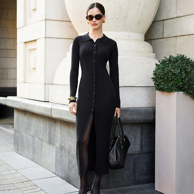 V Neck Lapel Single Breasted Midi Dress