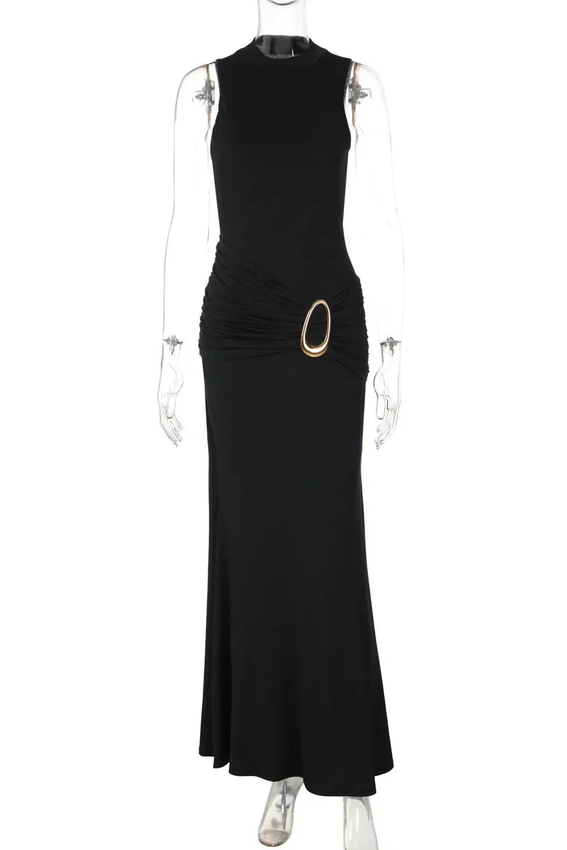Elegant Backless Slim Sleeveless High Waist Round Neck Maxi Dress