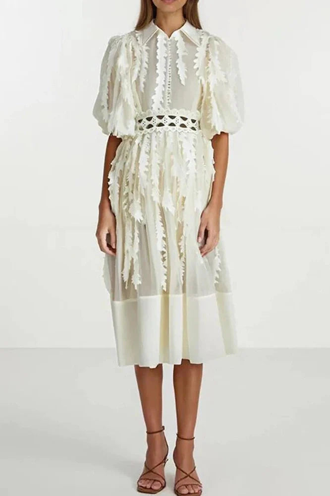 Elegant Loose Puff Sleeve High Waist Midi Dress