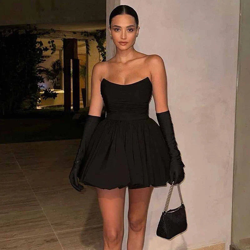 Pleated Strapless High Waist A-Line Mini Dress