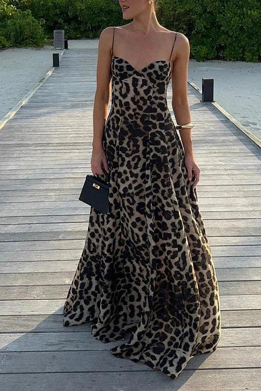 Leopard Print High Waist Sleeveless V Neck Pleated Maxi Dress