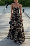 Leopard Print High Waist Sleeveless V Neck Pleated Maxi Dress