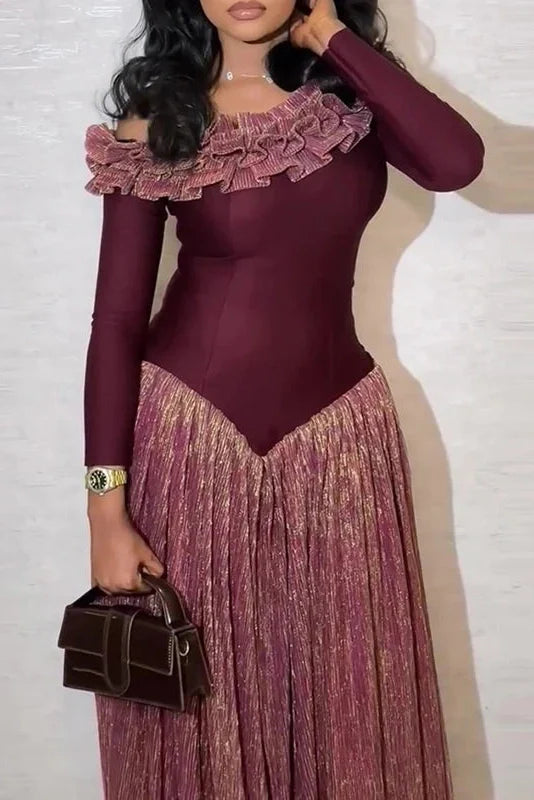 Long Sleeve Slash Collar Slim Pleat Maxi Dress
