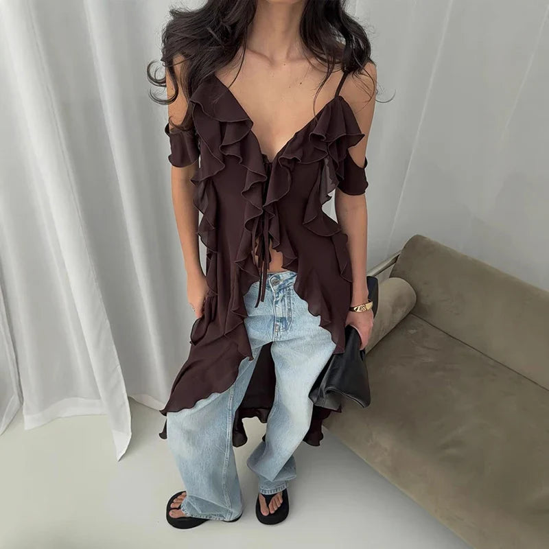 V Neck See-Through Sleeveless Irregular Midi Dress