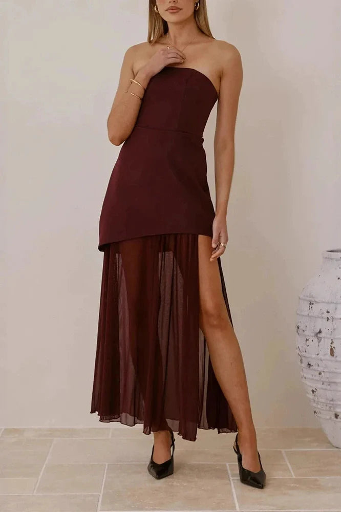 Off Shoulder High Waist Slim Sleeveless Pleated Maxi Dress