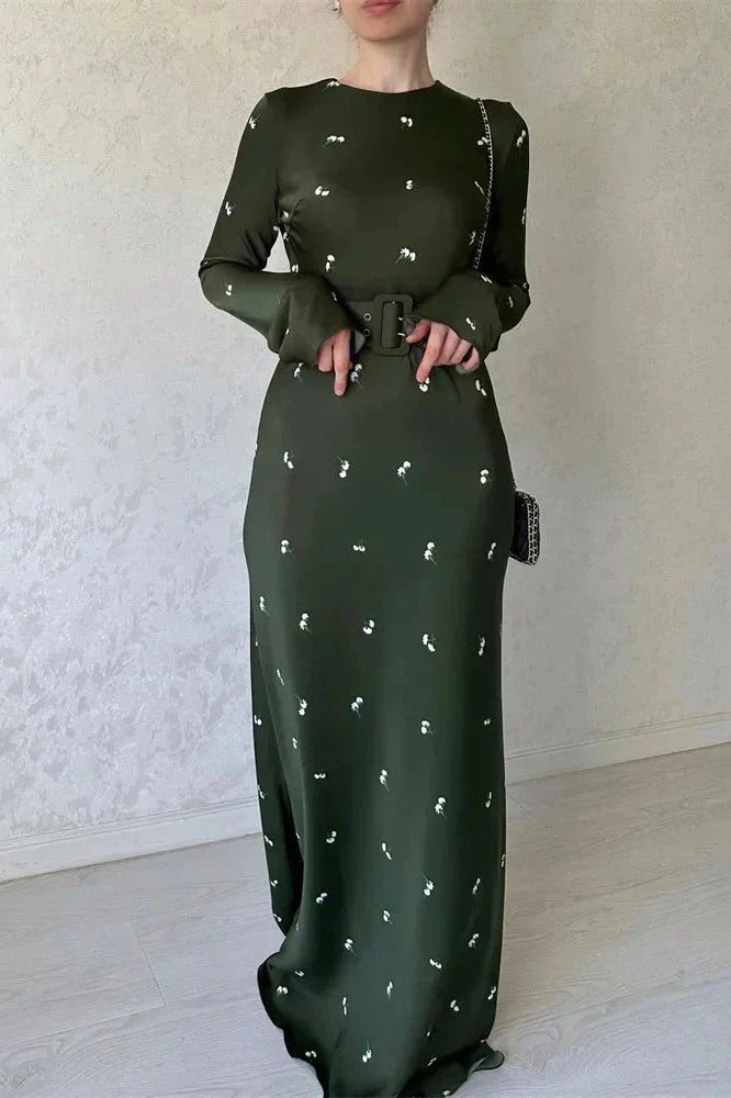 Long Sleeve Slim Patchwork Printed High Waist Maxi Dress