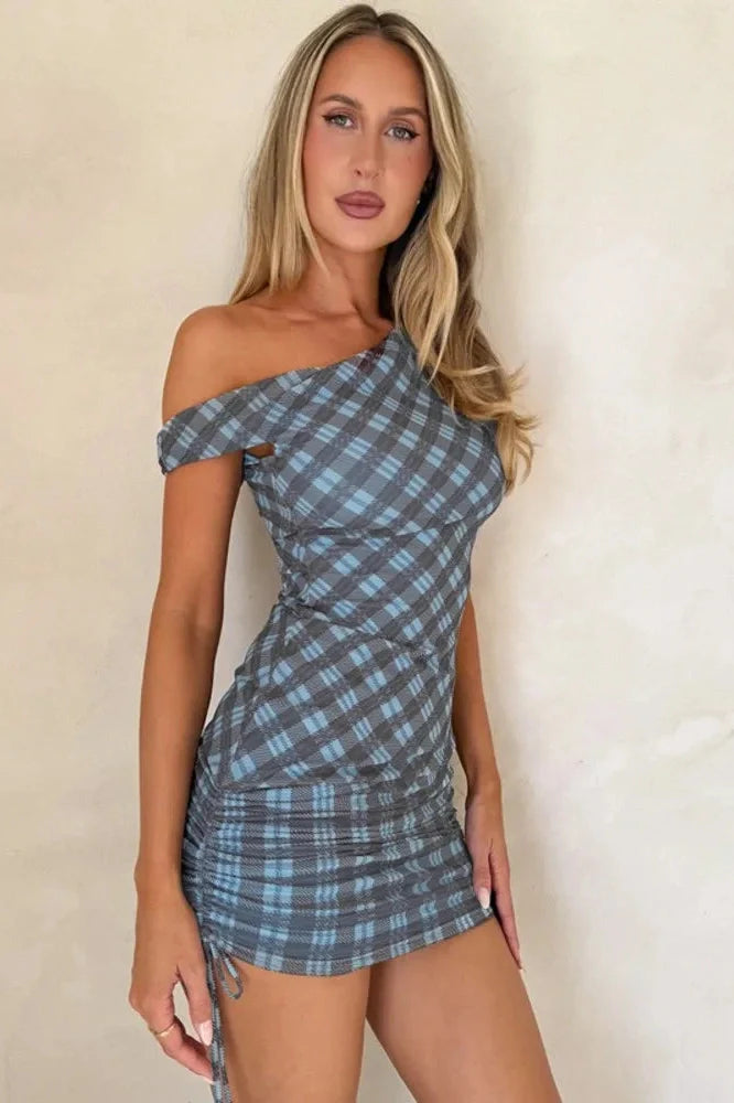Plaid Printed One Shoulder Backless Sleeveless Mini Dress