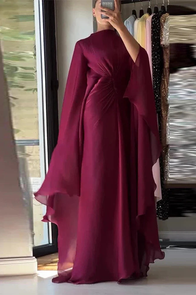 Long Sleeve Lace Up O-Neck Loose Pleated Maxi Dress