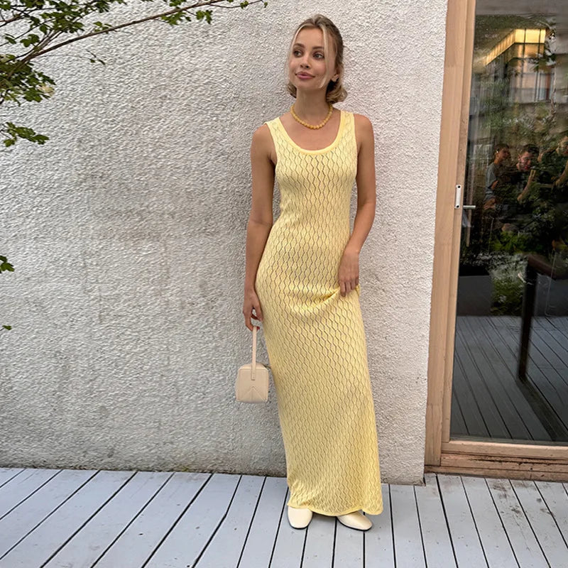 Hollow Knitted Sleeveless Maxi Dress