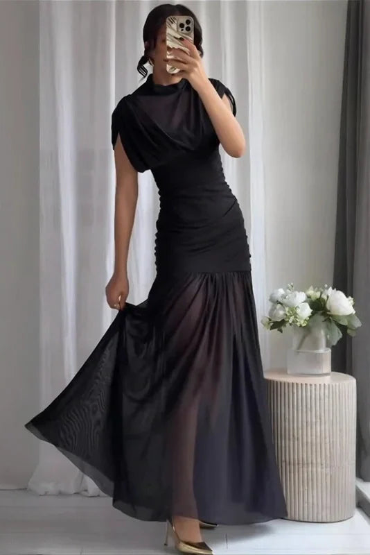 Elegant Pleated Slim Sleeveless Turtleneck Maxi Dress