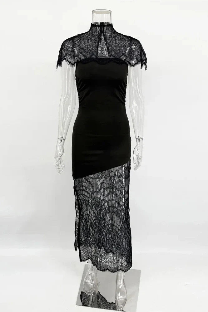 Lace Printed See-Through Turtleneck Patchwork Maxi Dress