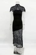 Lace Printed See-Through Turtleneck Patchwork Maxi Dress