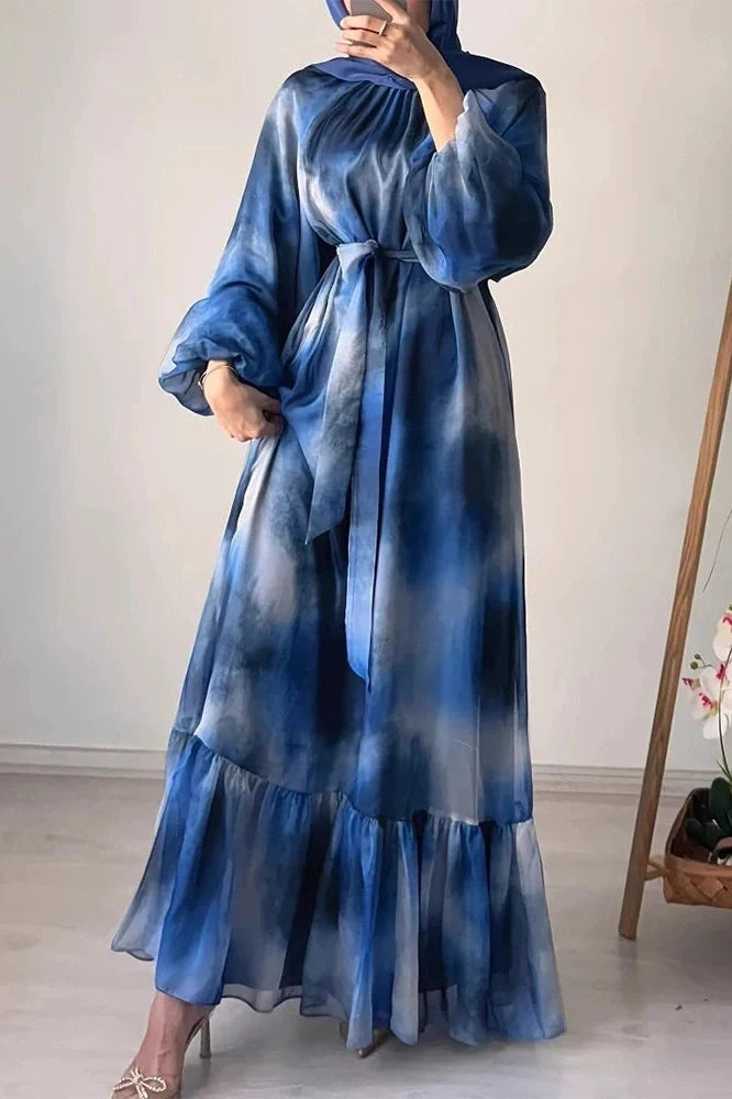 Pleated O-Neck High Waist Lace Print Long Sleeve Maxi Dress