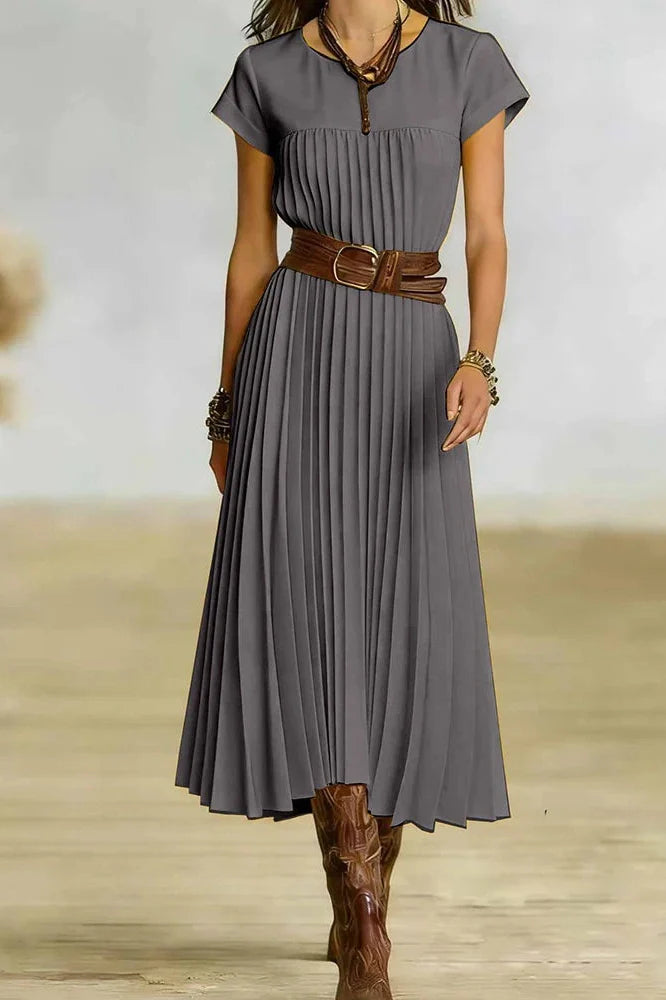 O-Neck Short Sleeve Pleated Loose High Waist Midi Dress