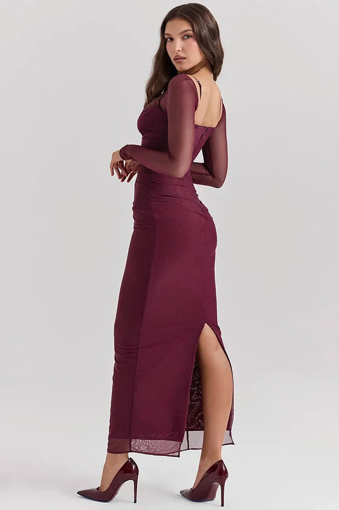 Elegant Sheer Long Sleeve Strapless Maxi Dress