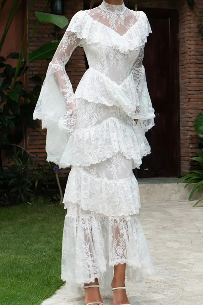 Long Sleeve Lace Embroidery High Waist Maxi Dress
