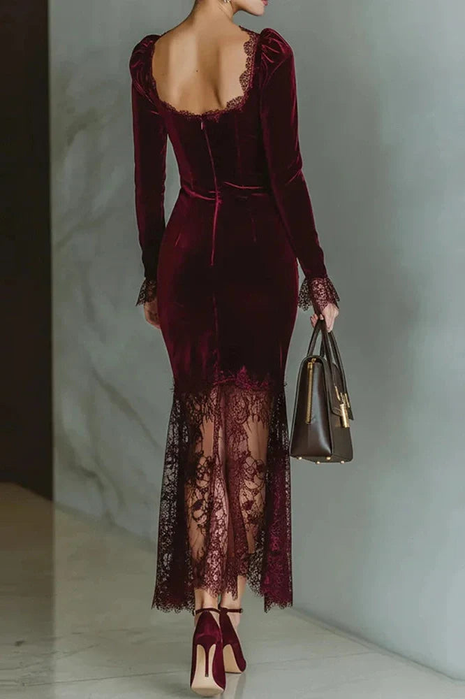 Lace Square Neck Bodycon Slim Long Sleeve Midi Dress
