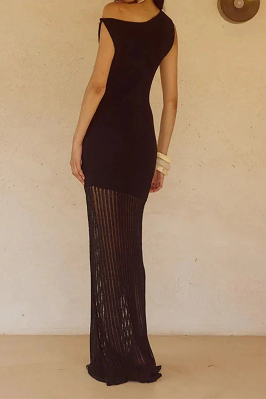 Knitted Slash Collar High Waist Slim Maxi Dress