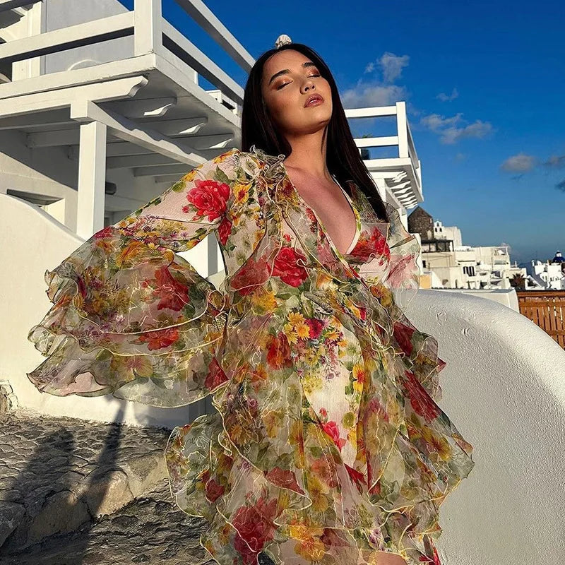 Printed V Neck Slim High Waist Mini Dress