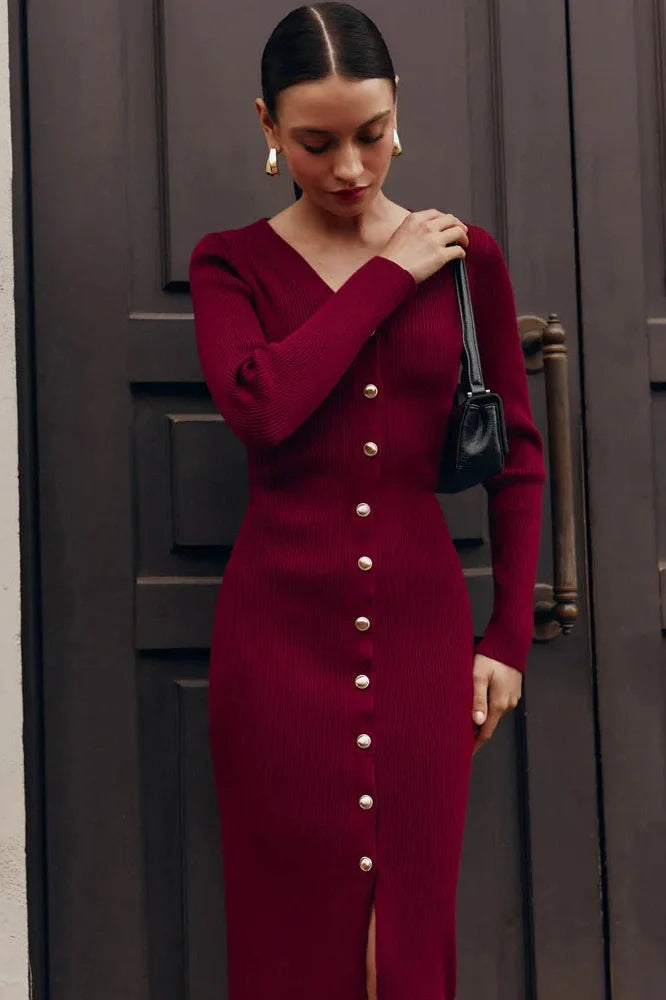 V-Neck Knit Patchwork Slim Midi Dress