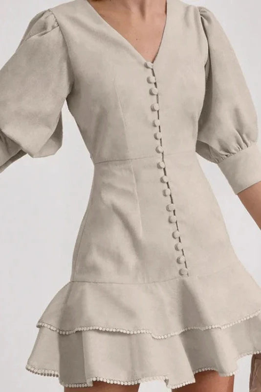 Lantern Sleeve A-Line V-Neck Single-Breasted High Waist Mini Dress