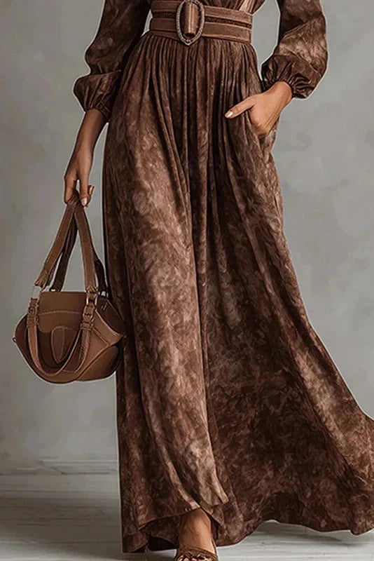 Elegant High Waist Long Sleeve Pleated V-Neck Maxi Dress