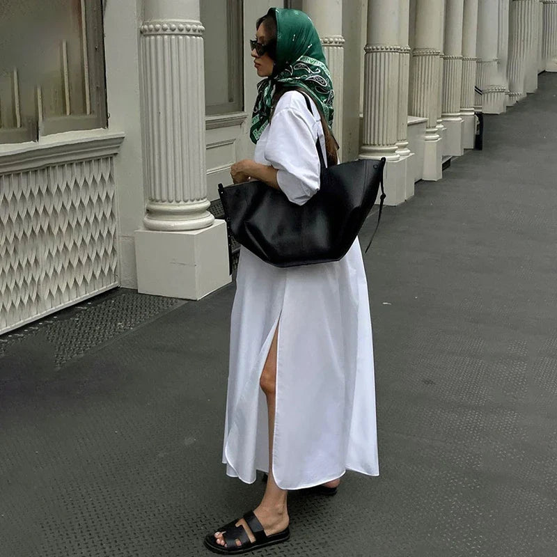 Long Sleeve Loose Single Breasted Slit Maxi Dress