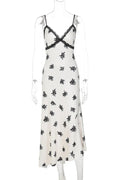 Printed Lace Patchwork High Waist Slim V-Neck Midi Dress