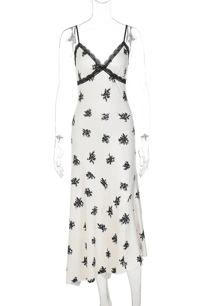 Printed Lace Patchwork High Waist Slim V-Neck Midi Dress