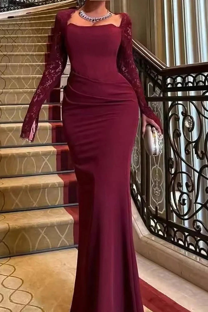 Long Sleeve Pleated Bodycon Square Collar Lace Slim Maxi Dress