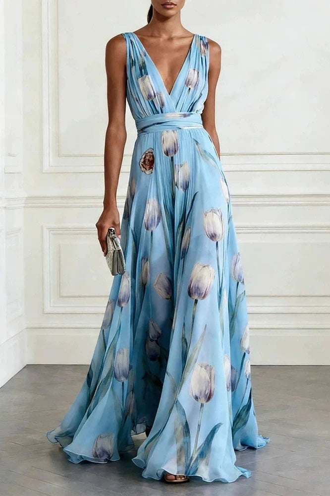 Sleeveless Pleated Printed High Waist V-Neck Maxi Dress