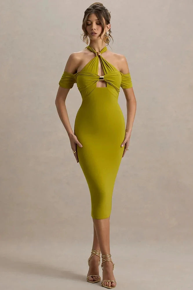 Hollow Out Backless Off-Shoulder Sleeveless Midi Dress