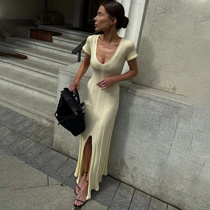 Knitted V-Neck Slit Short Sleeve Slim Maxi Dress