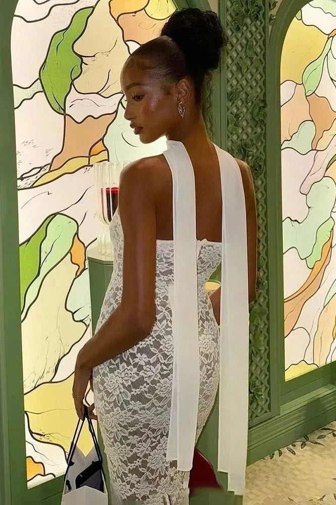 Lace Strapless See Through Slim Sleeveless Maxi Dress