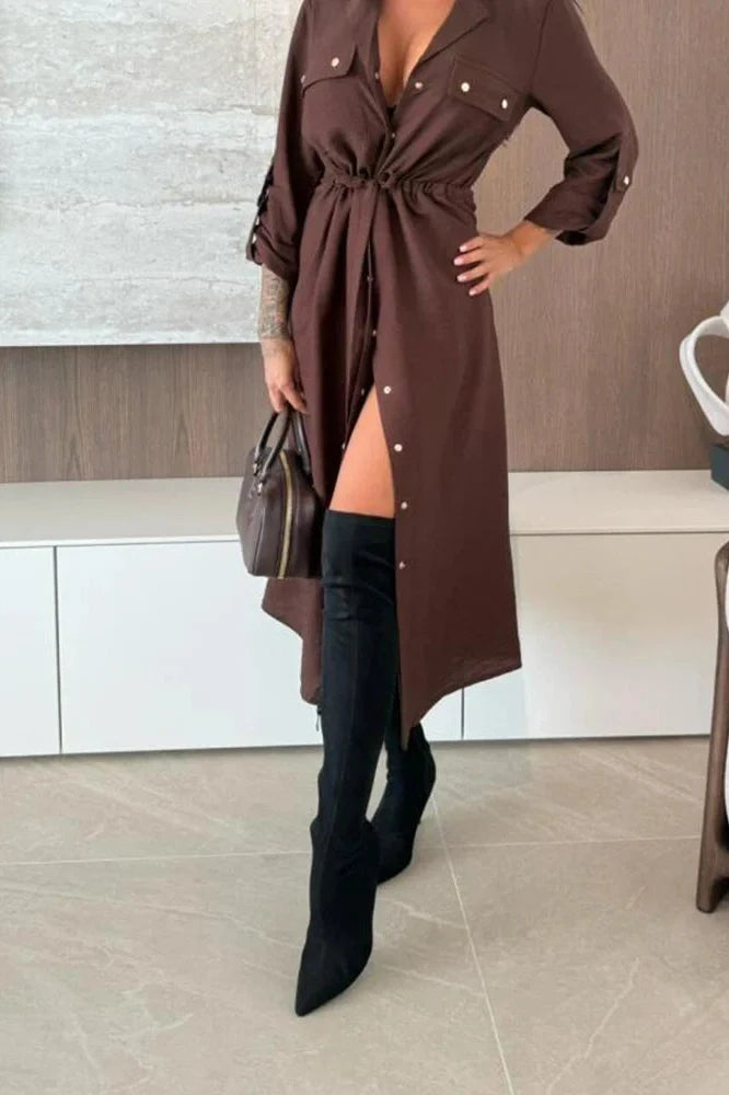Elegant Single Breasted Lace Up High Waist Midi Dress