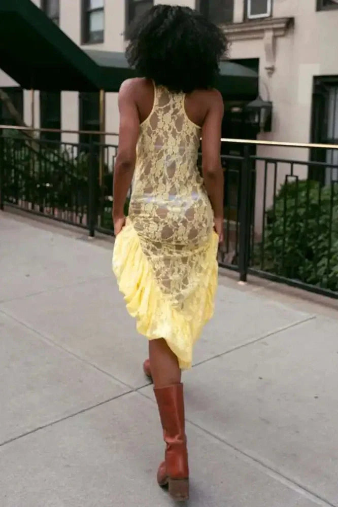 Lace See Through High Waist Slim High Split Midi Dress