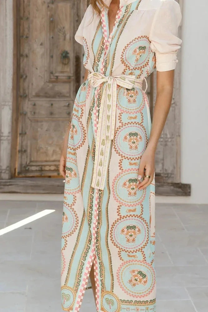 Elegant Lace Up High Waist Printed Short Sleeve Pleated Midi Dress