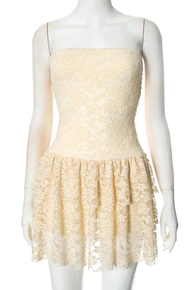 Off-Shoulder Strapless Lace Sleeveless High Waist Pleated Mini Dress