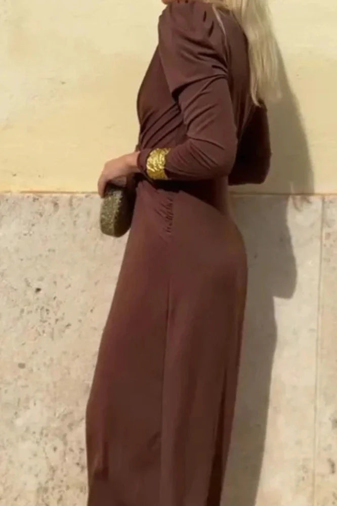 Elegant V-Neck Slim Long Sleeve High Waist Maxi Dress