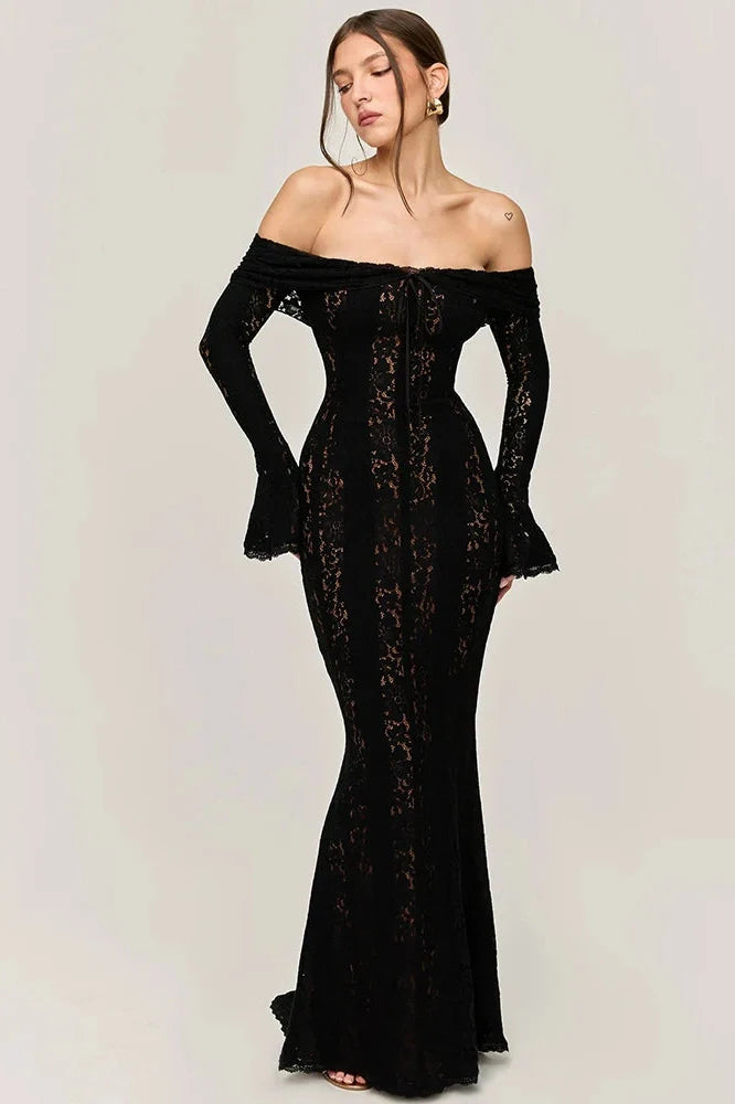 Lace Off-Shoulder Strapless Backless Long Sleeve Maxi Dress