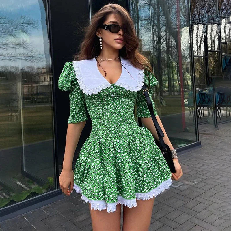 Short Sleeve Lace High Waist Mini Dress