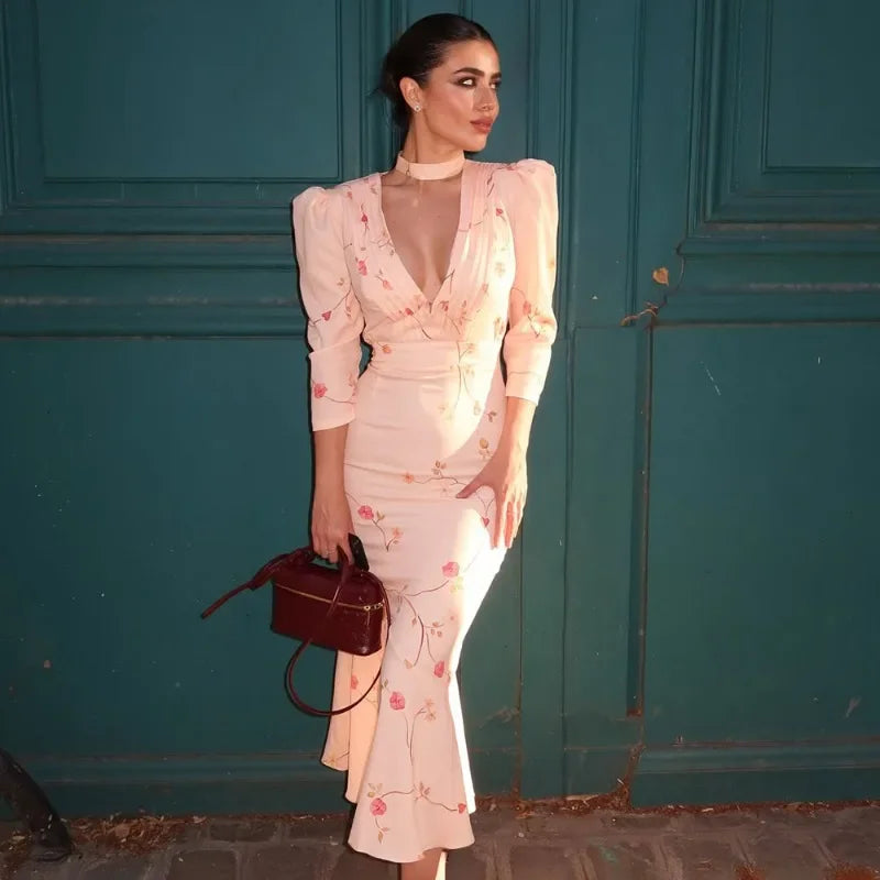 Print Pleated V-Neck Puff Sleeve Maxi Dress